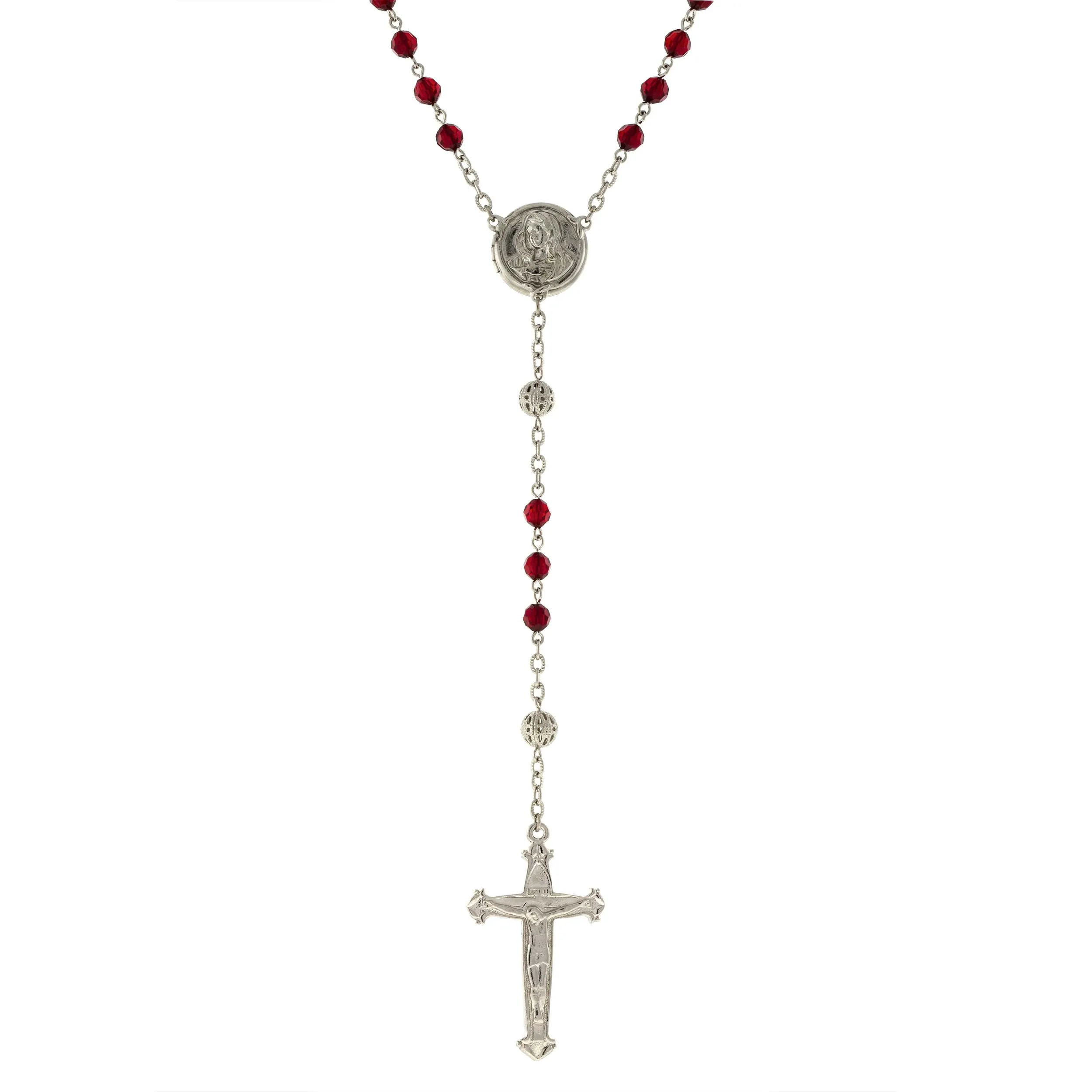 1928 Jewelry Beaded Crucifix With Mary Locket Necklace Rosary