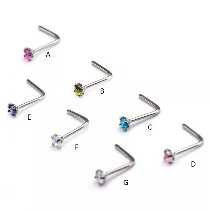 20g Nose L Bend with 25mm Prong Set Gem Top Nose Pin- More Colors Available!