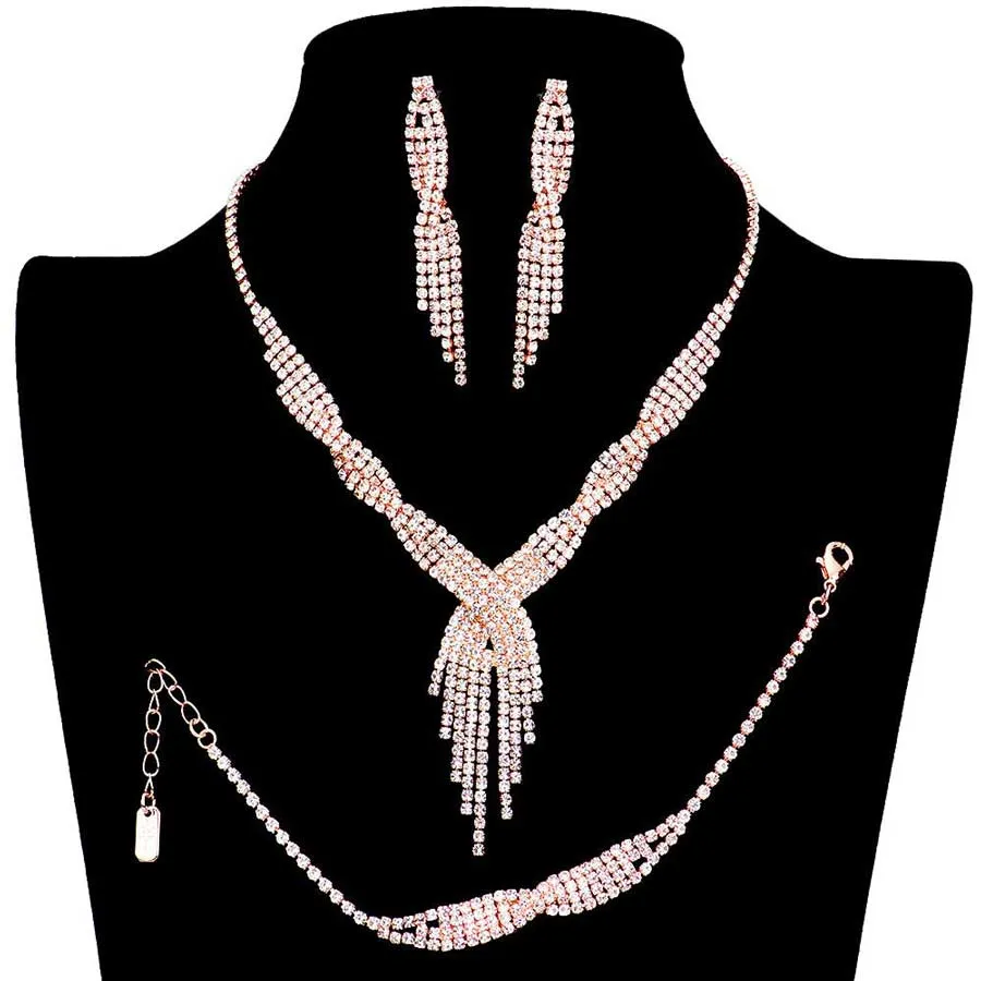 3PCS Rhinestone Crystal Fringe Necklace Jewelry Set