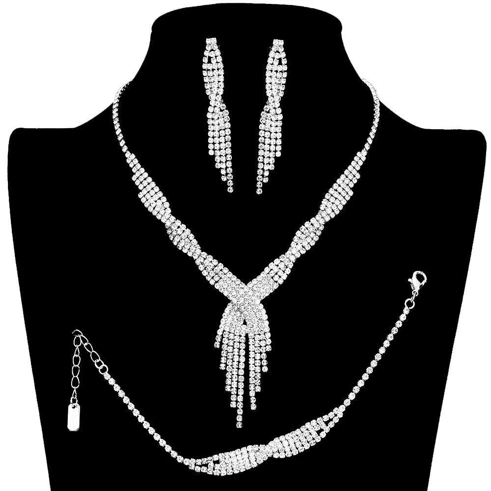 3PCS Rhinestone Crystal Fringe Necklace Jewelry Set