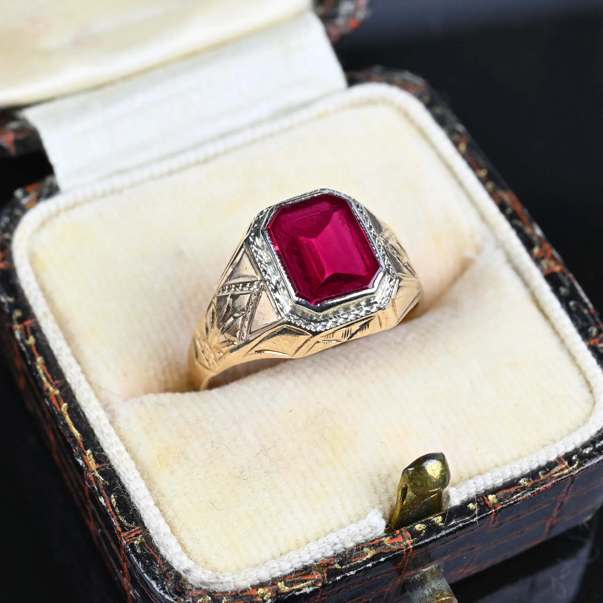 Art Deco Engraved Gold Ruby Signet Ring