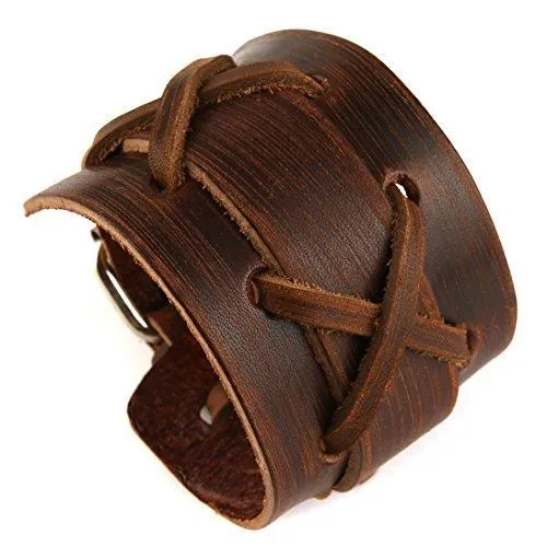 Authentic Wide Leather Casual Mens Brown Cuff Bangle Bracelet