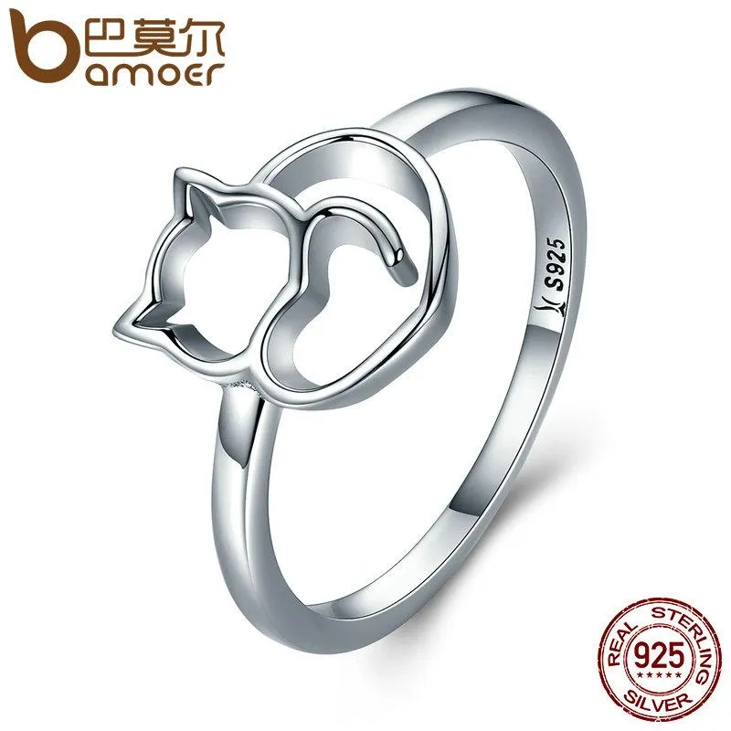 BAMOER 925 Sterling Silver Little Cat & Heart Finger Ring