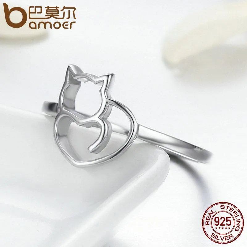 BAMOER 925 Sterling Silver Little Cat & Heart Finger Ring