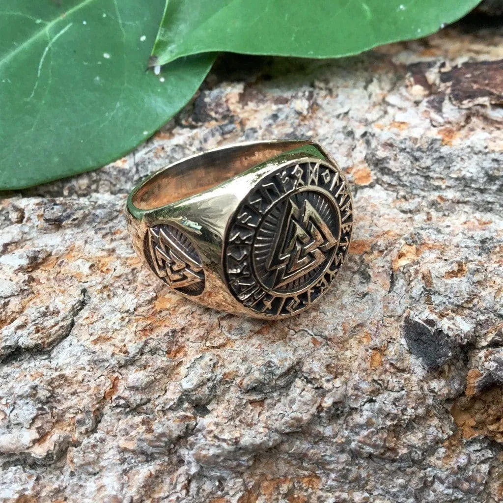 Bronze Valknut and Runes Signet Ring