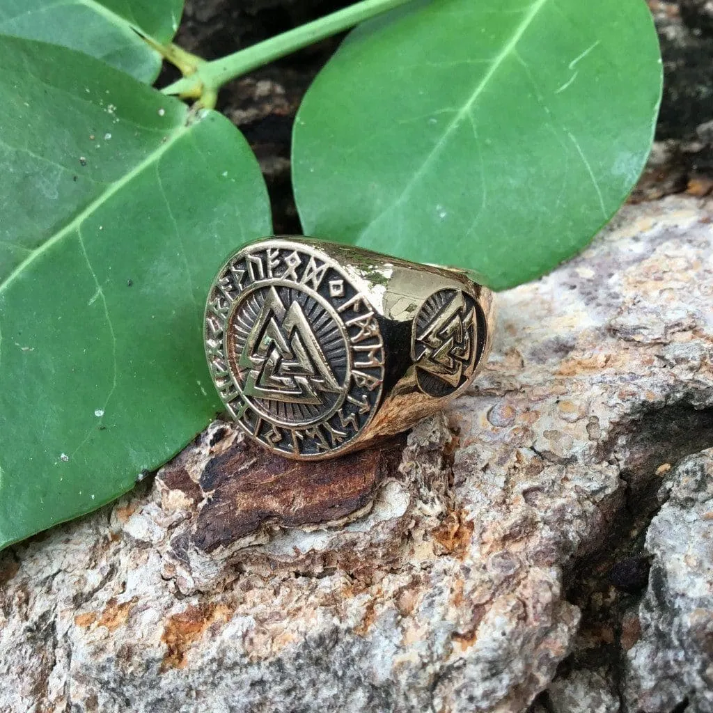 Bronze Valknut and Runes Signet Ring