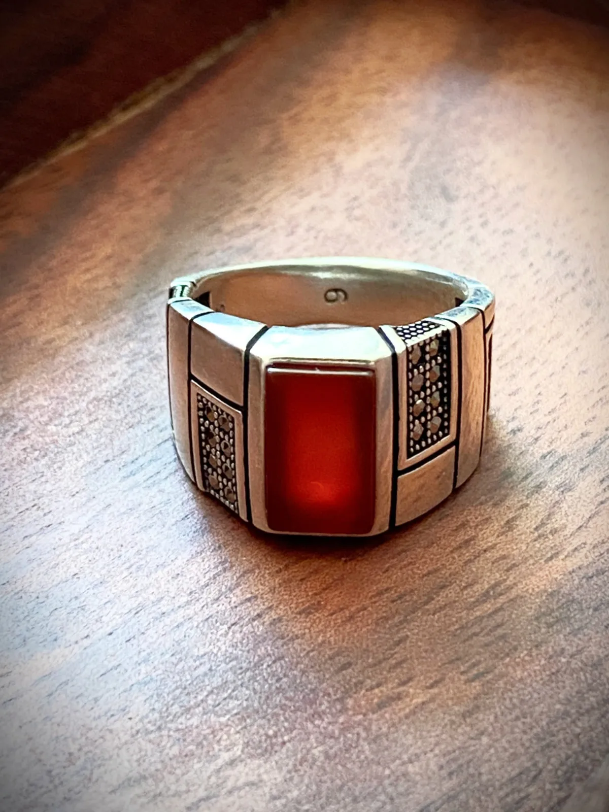 Carnelian & Marcasite Signet Ring