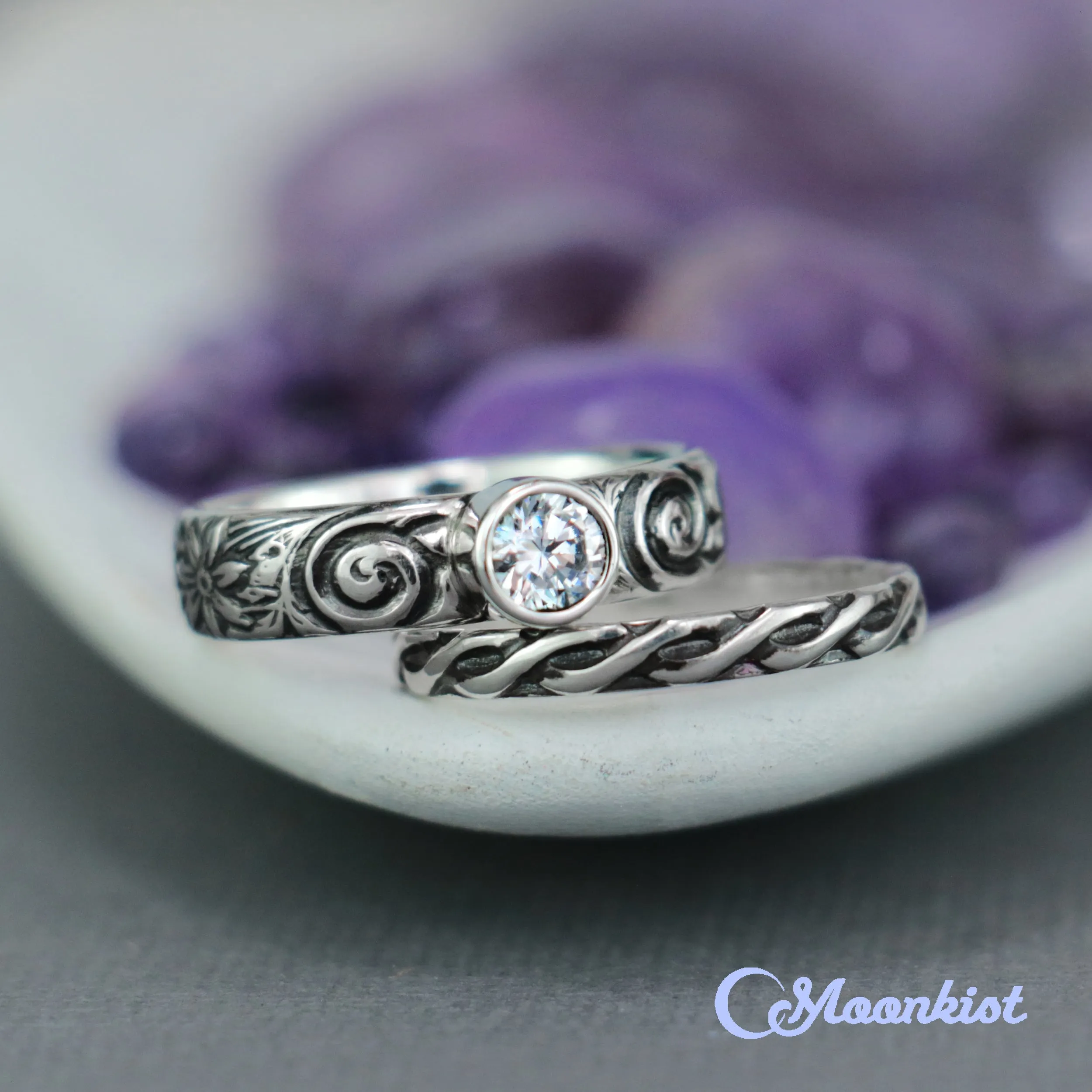 Celtic Spiral Wedding Ring Set with Endless Knot Wedding Band | Moonkist Designs