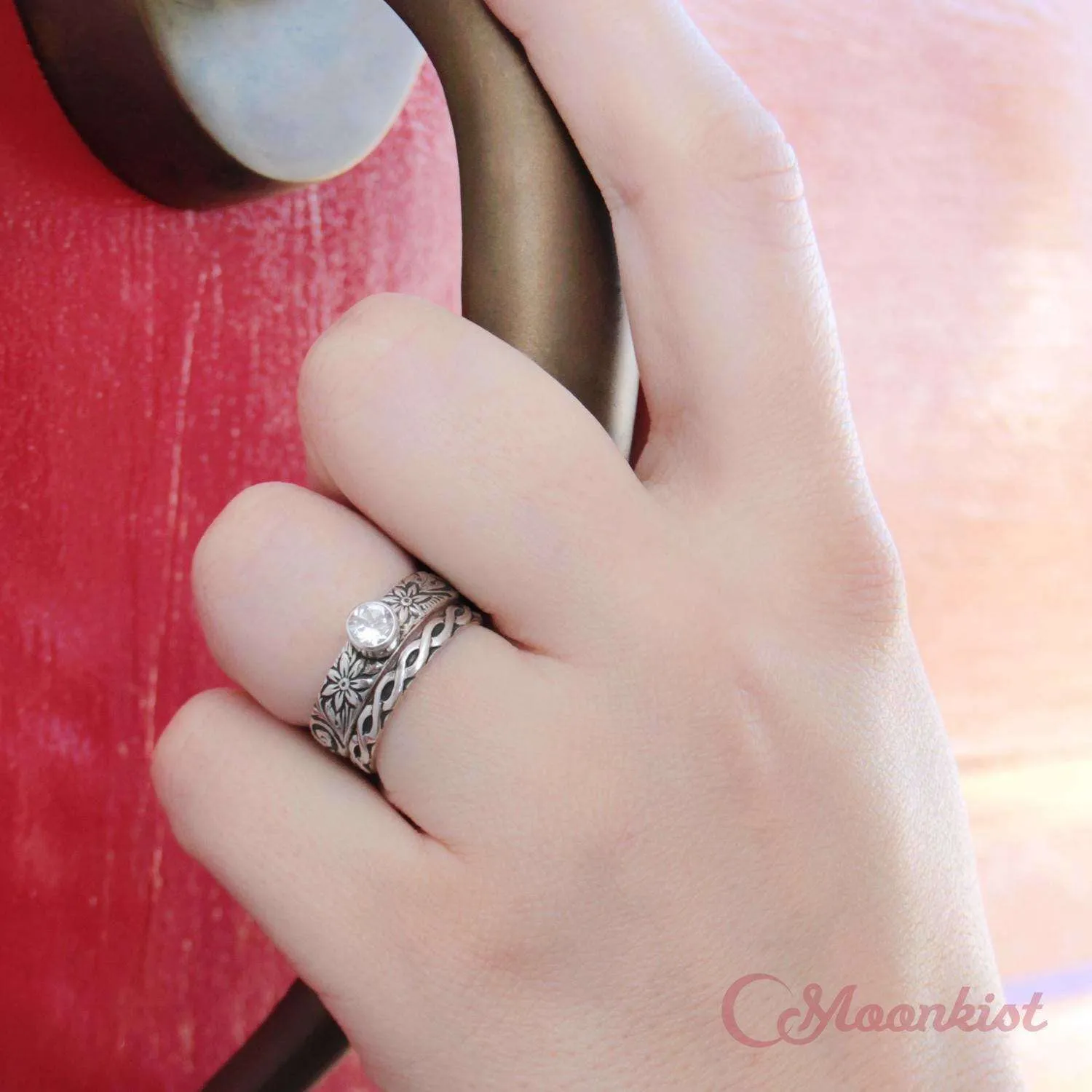 Celtic Spiral Wedding Ring Set with Endless Knot Wedding Band | Moonkist Designs