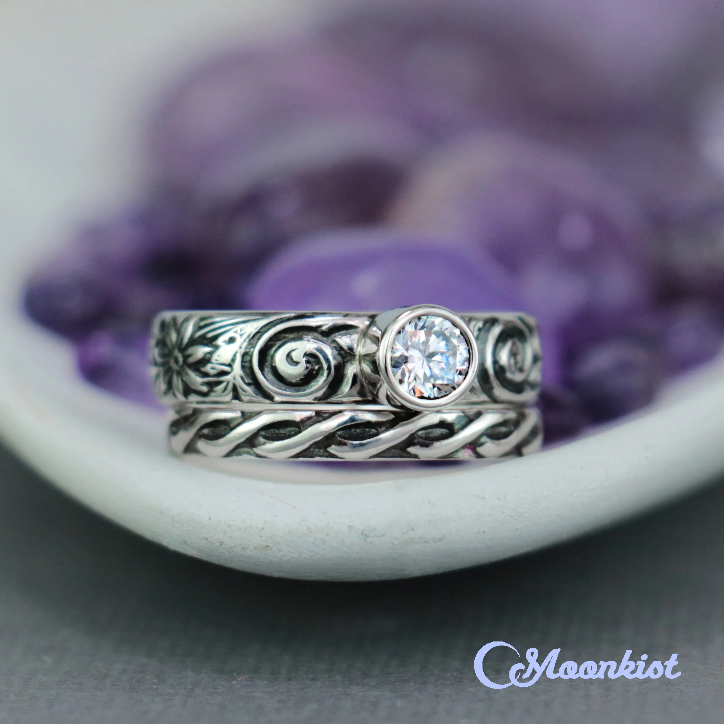 Celtic Spiral Wedding Ring Set with Endless Knot Wedding Band | Moonkist Designs