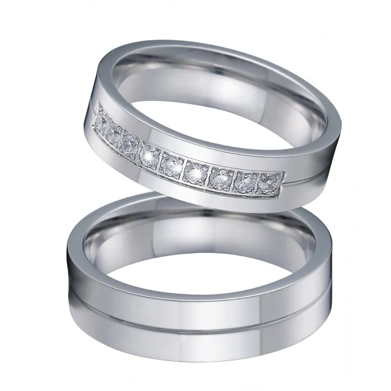 Cubic Zirconia and Plain Titanium Wedding Ring Set