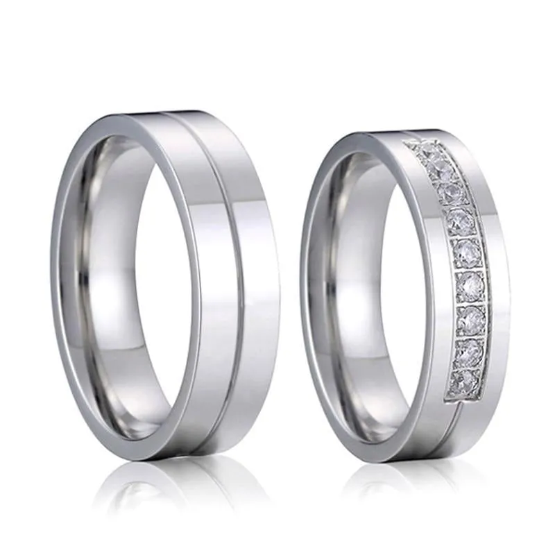 Cubic Zirconia and Plain Titanium Wedding Ring Set