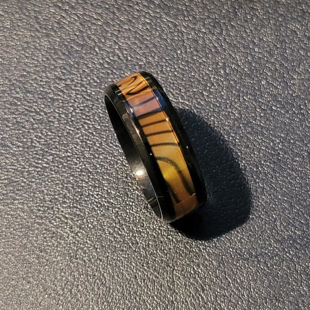 Custom Engraved Men's Tiger's Eye Opal Wedding Ring - Guy's Handwriting Ring