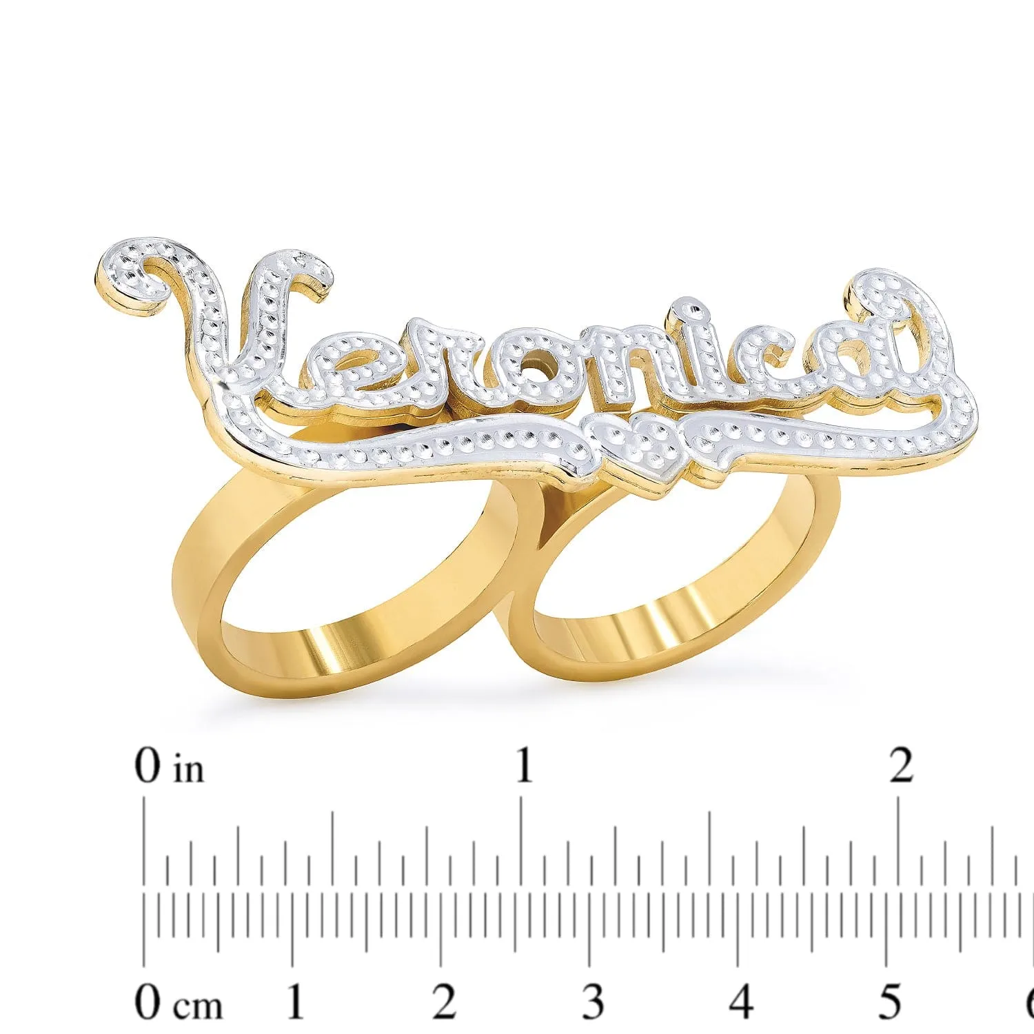 Double-Finger Name Ring with Beading/Rhodium