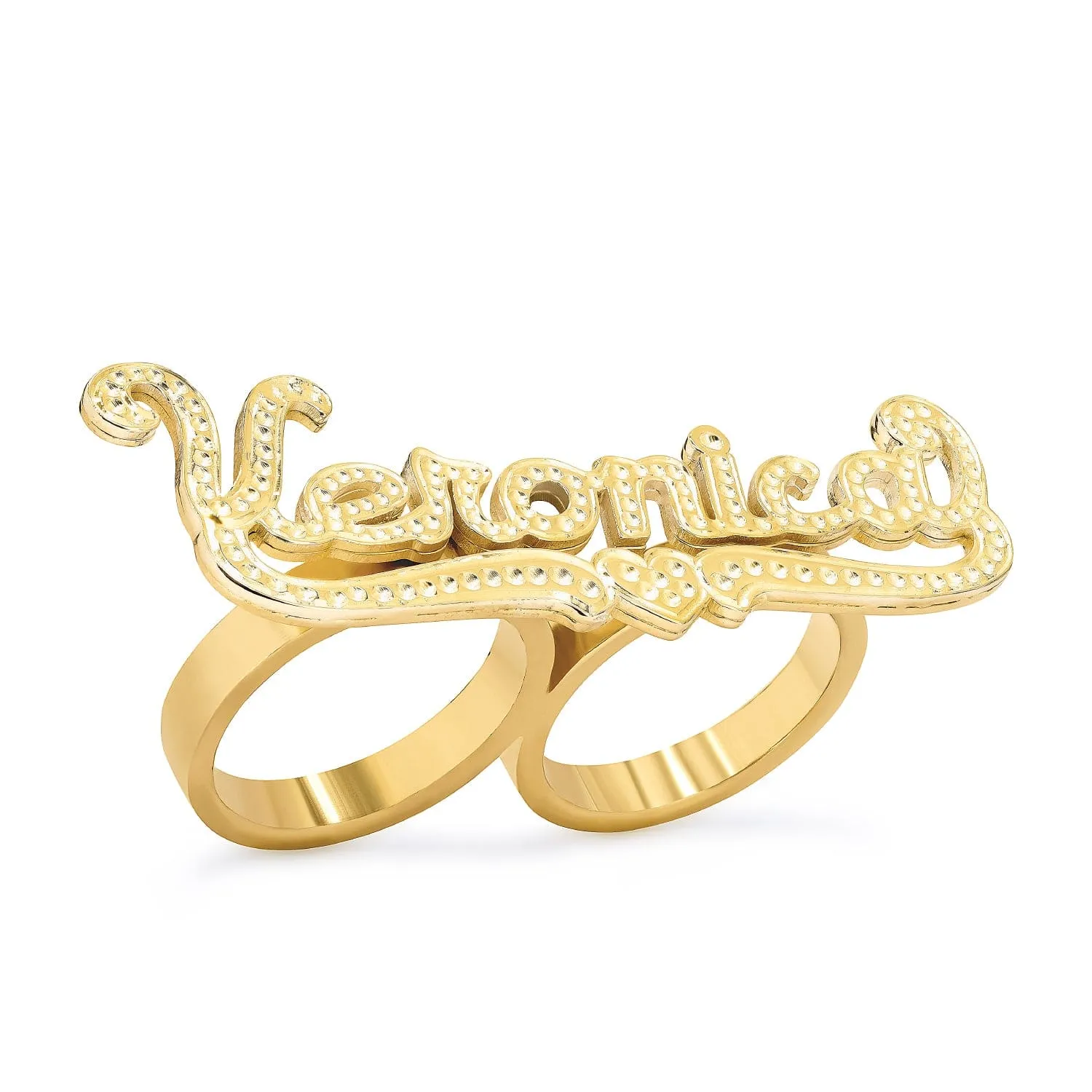 Double-Finger Name Ring with Beading/Rhodium