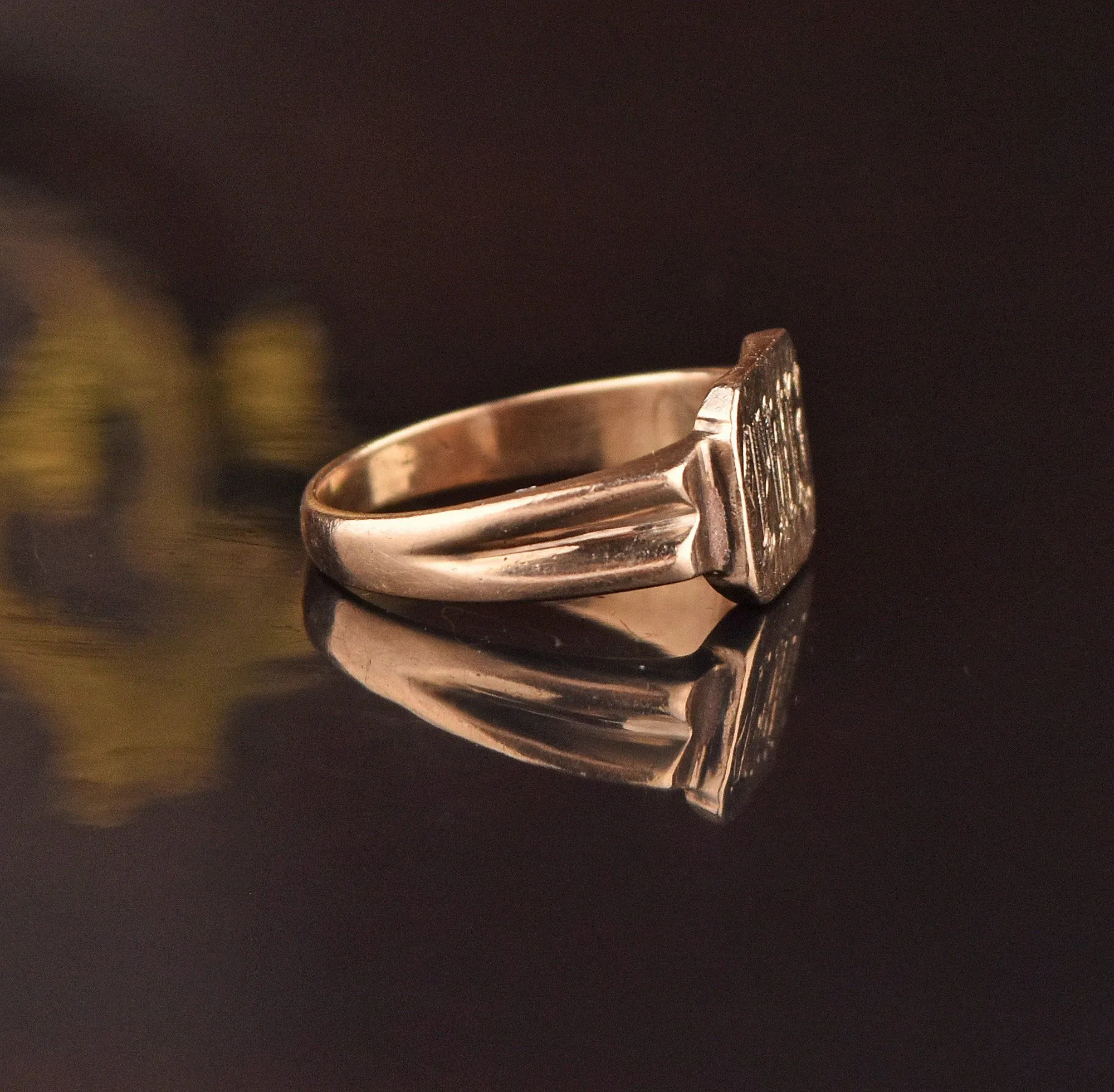 Engraved Initial Monogram Art Deco Gold Signet Ring