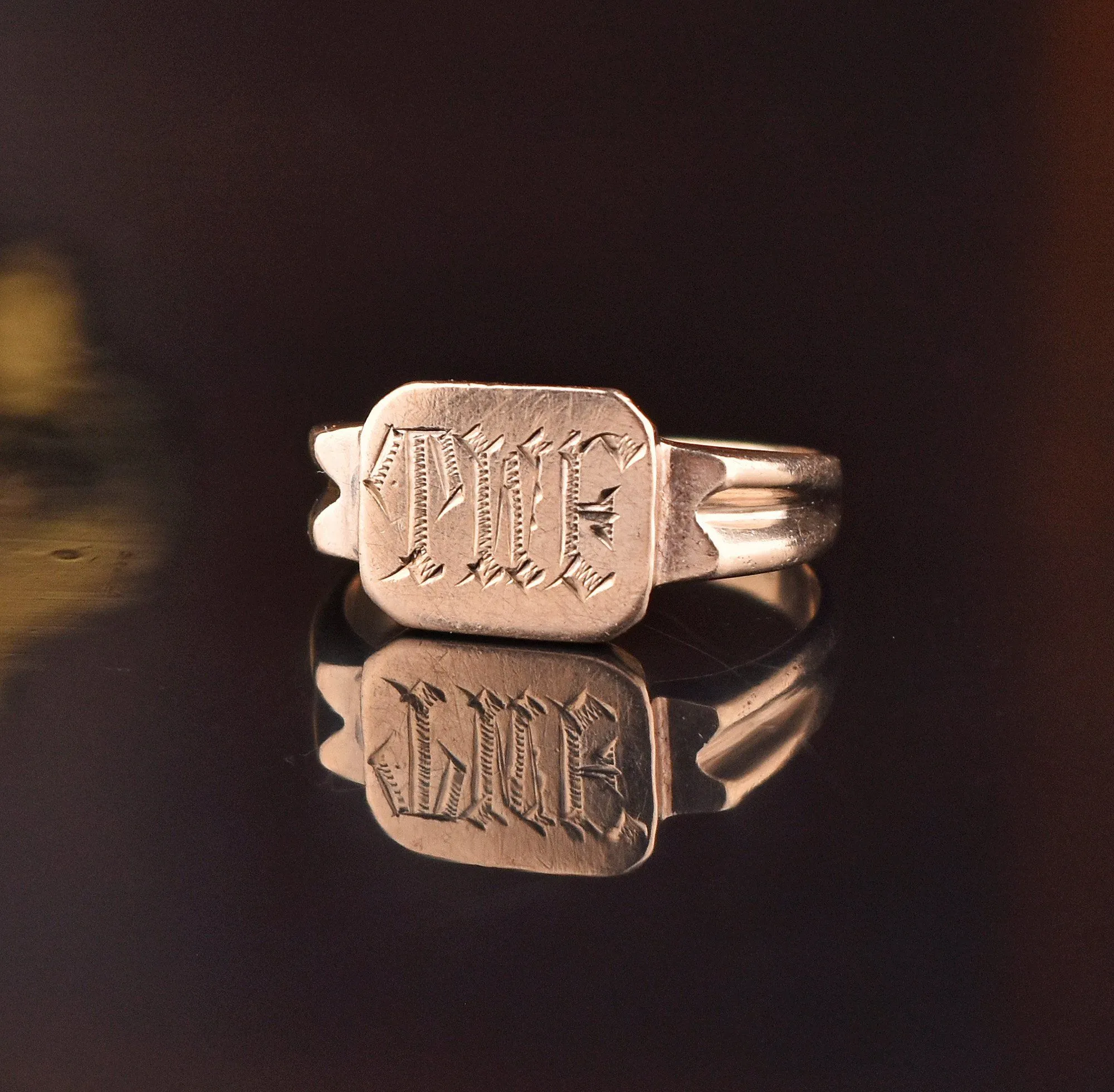 Engraved Initial Monogram Art Deco Gold Signet Ring