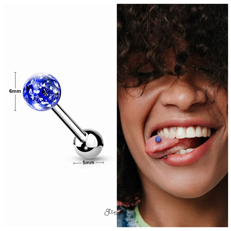 Epoxy Covered Crystal Paved Ferido Balls Tongue Barbell - Blue