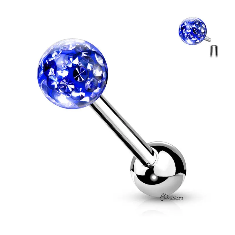 Epoxy Covered Crystal Paved Ferido Balls Tongue Barbell - Blue