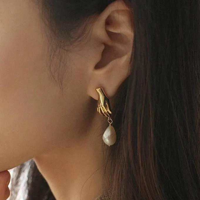 Finger Pearl Gold Earrings