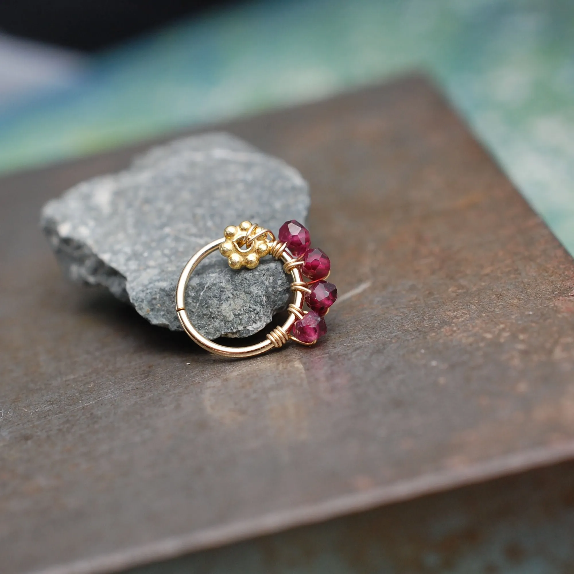 Gold and Garnet Flower Nose Ring