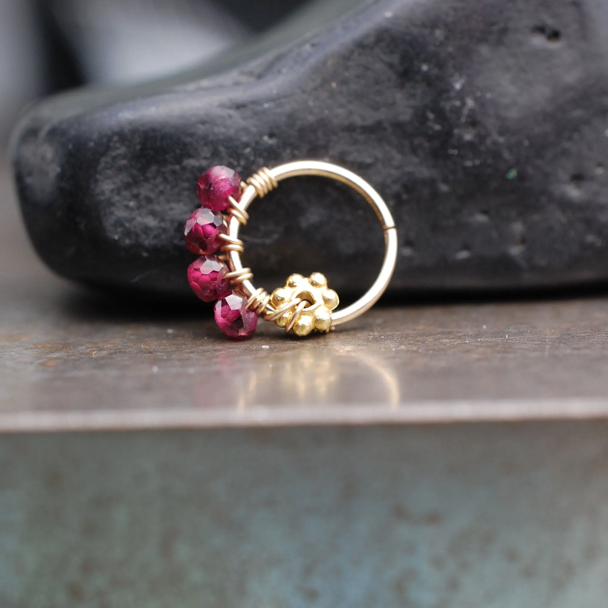 Gold and Garnet Flower Nose Ring