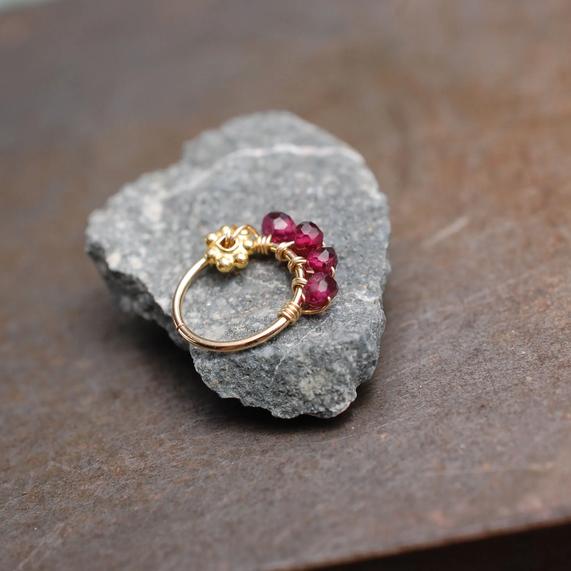 Gold and Garnet Flower Nose Ring