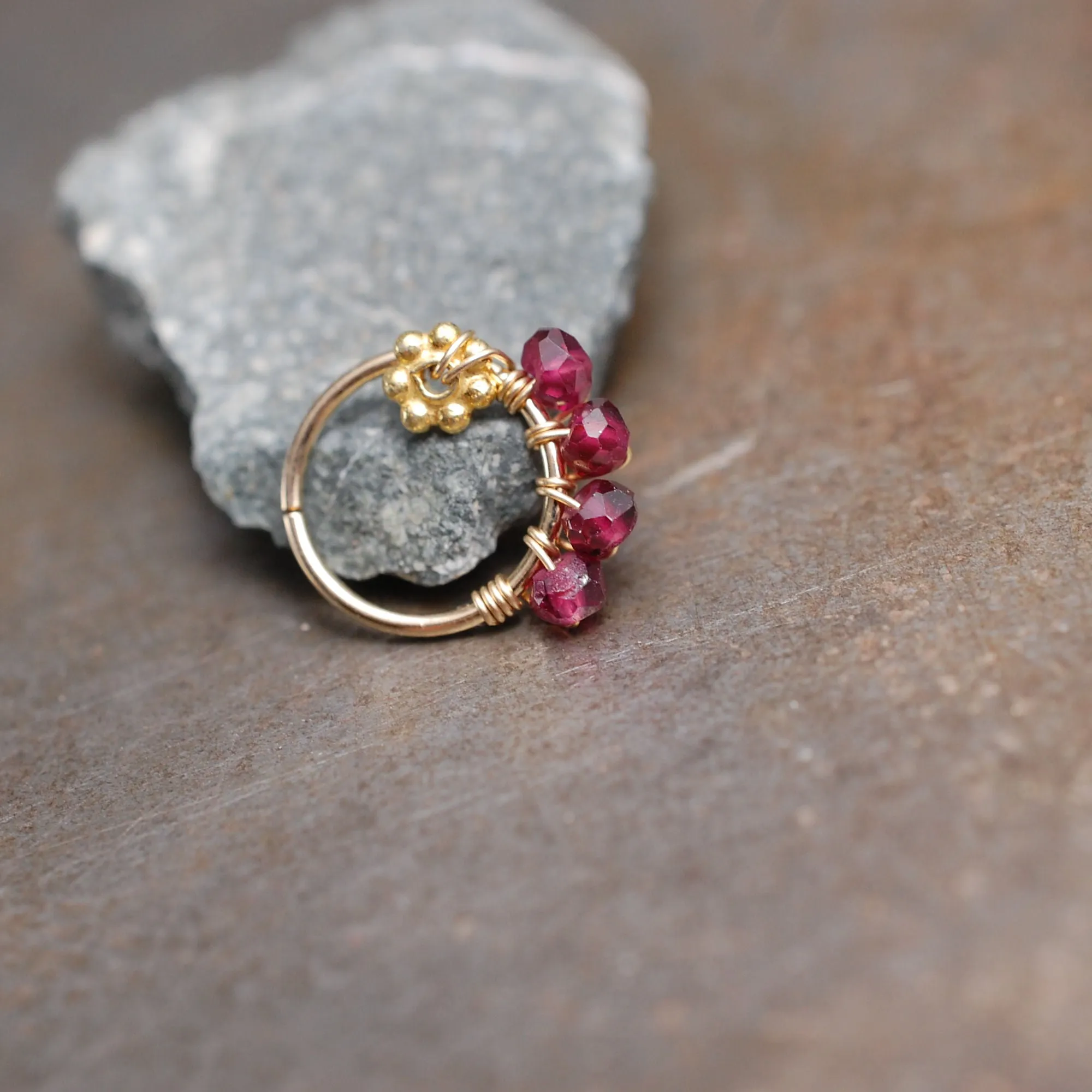 Gold and Garnet Flower Nose Ring