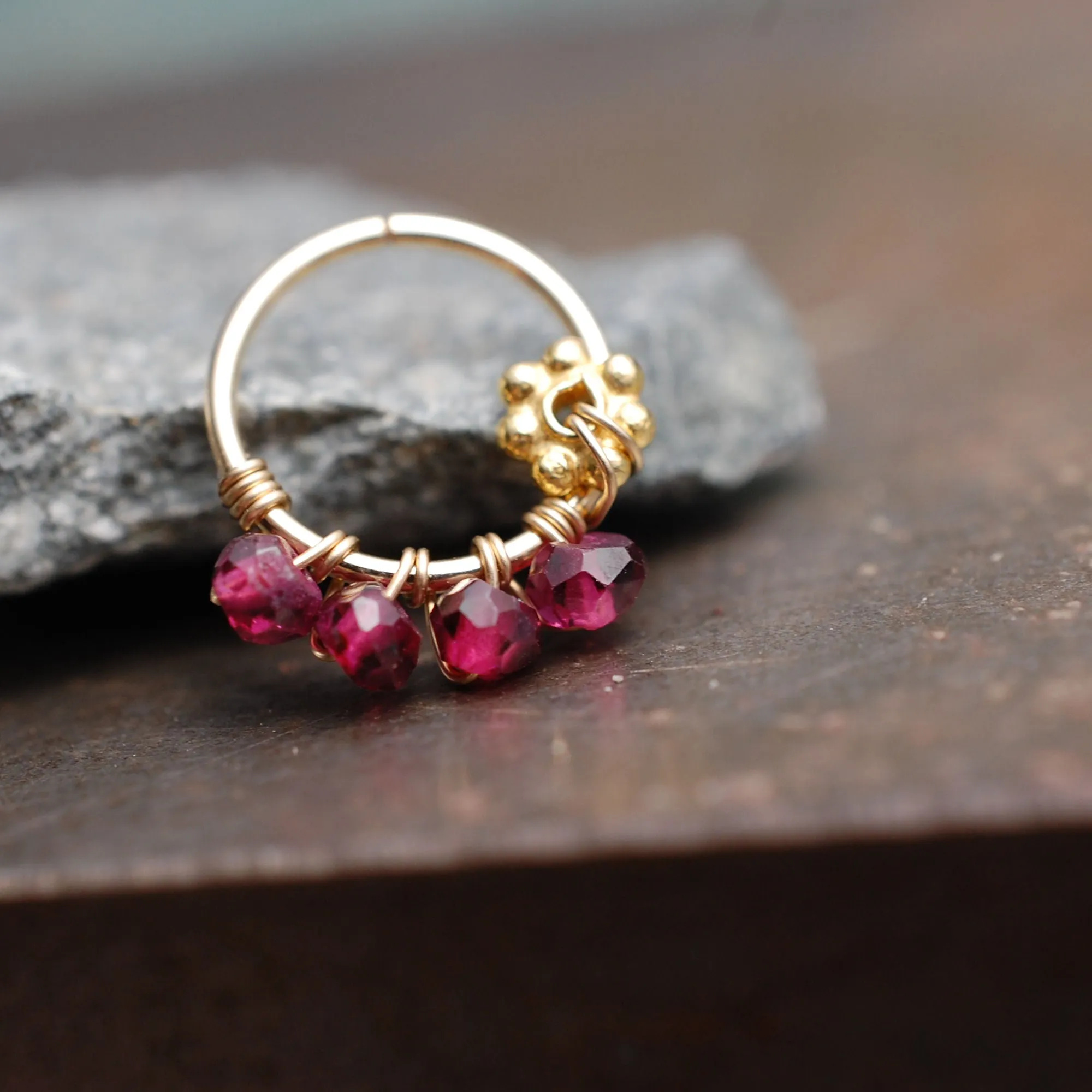 Gold and Garnet Flower Nose Ring