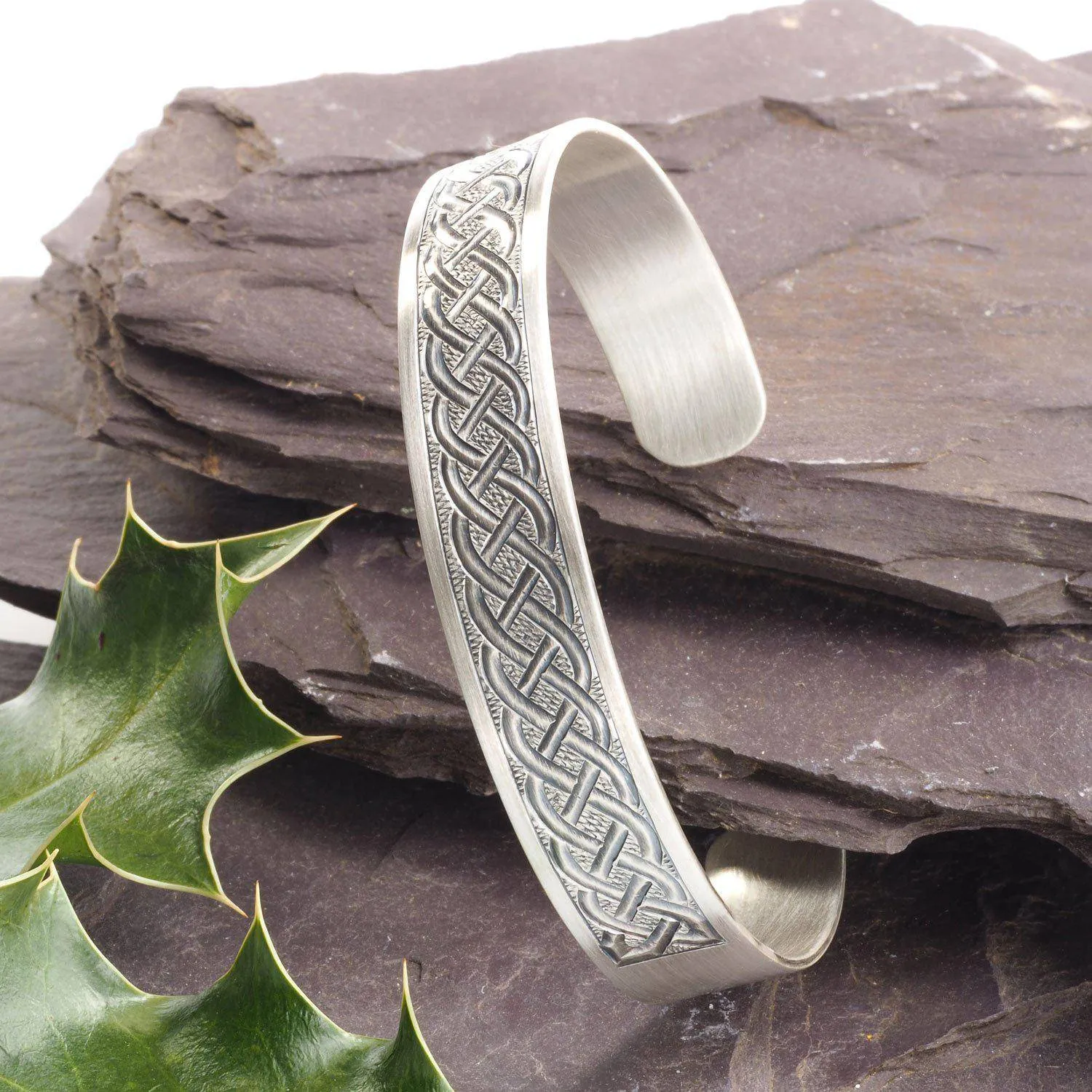 Handmade Satin Silver Celtic Engraved Cuff Bangle