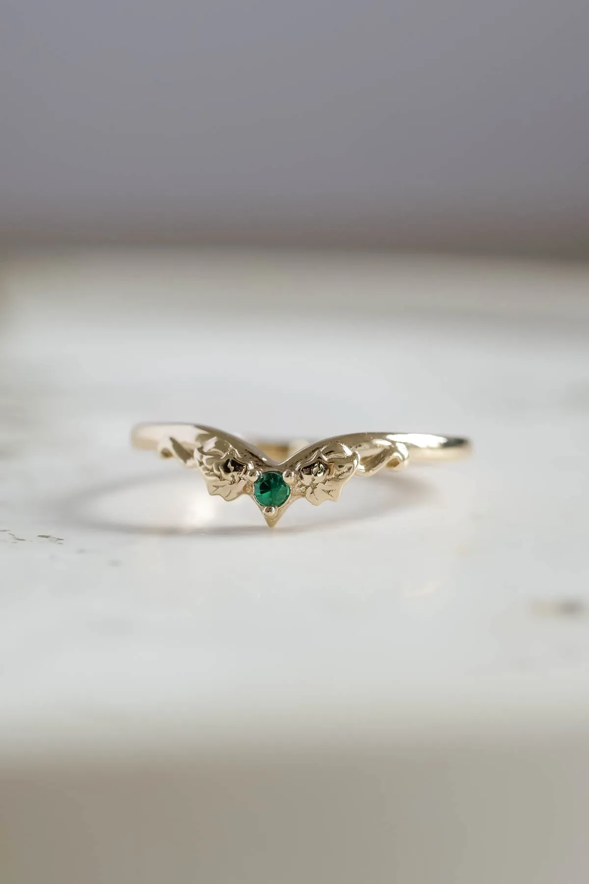 Ivy wedding band with lab emerald, matching ring for Ariadne