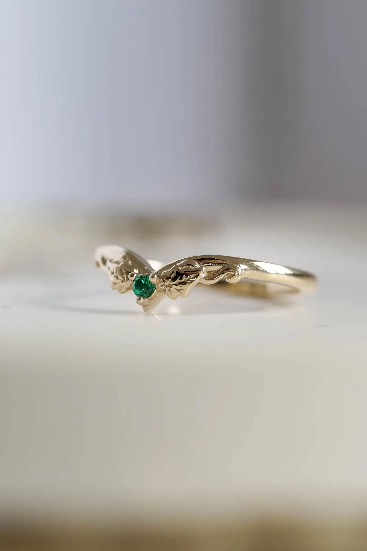 Ivy wedding band with lab emerald, matching ring for Ariadne