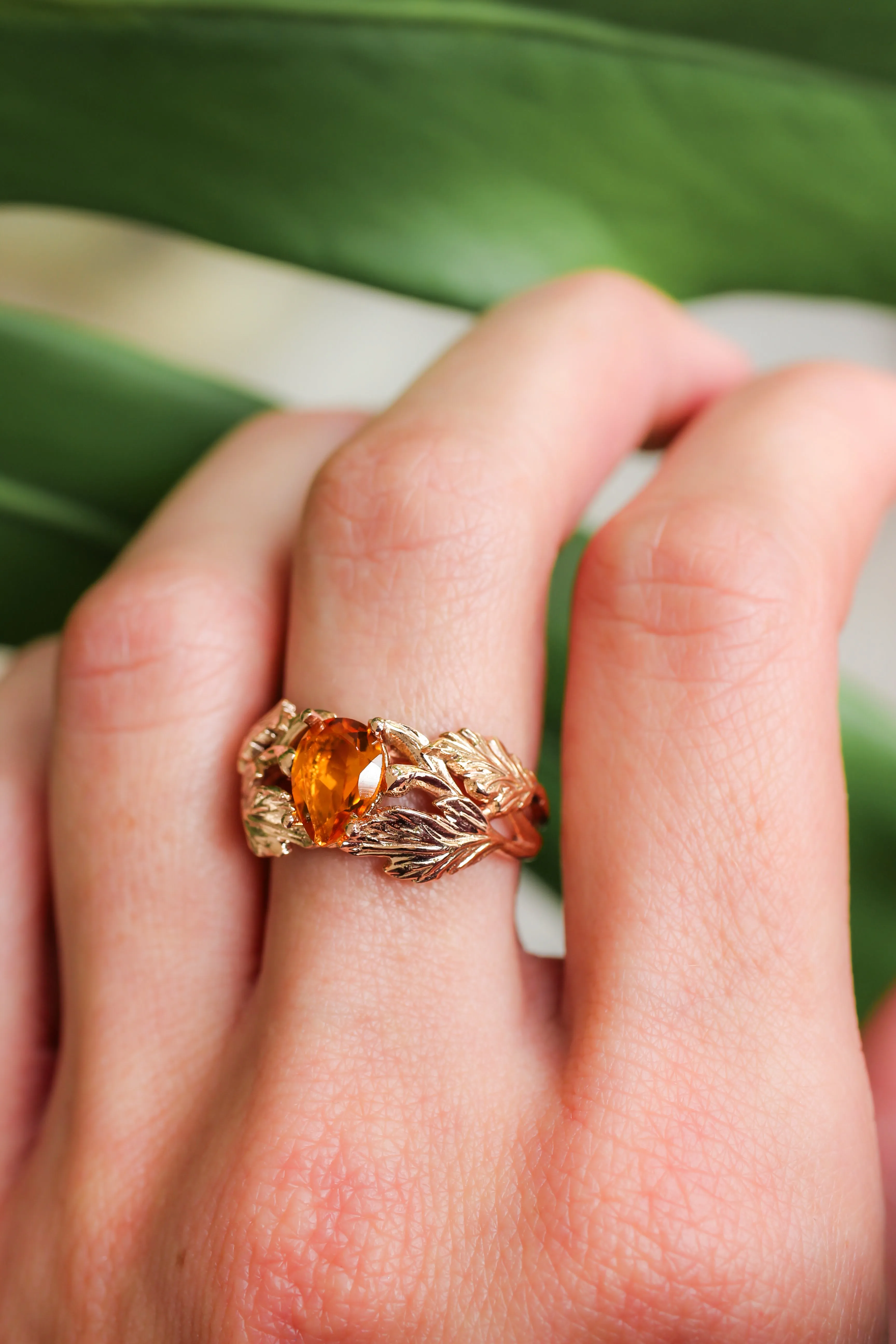 Leaf engagement ring with golden citrine