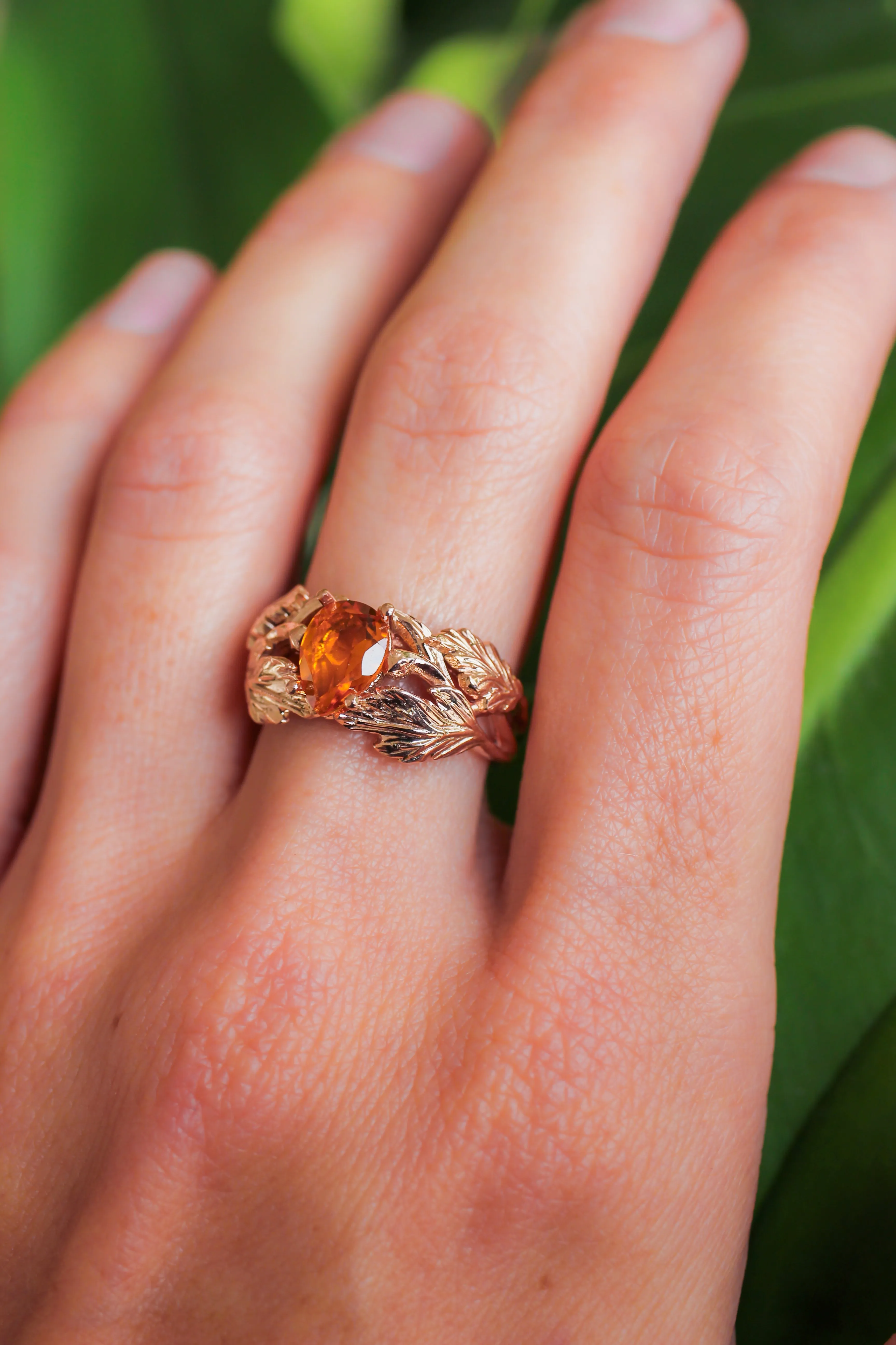 Leaf engagement ring with golden citrine