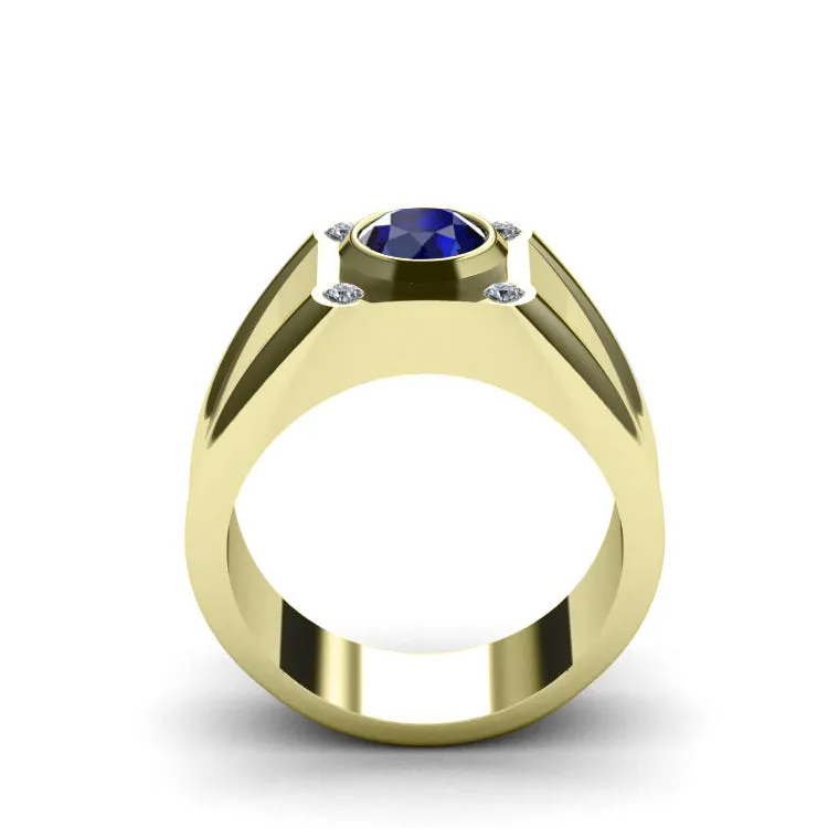 Male Diamond Ring with 1.70ct Blue Sapphire Personalized Solid Gold Wedding Band Ring for Him