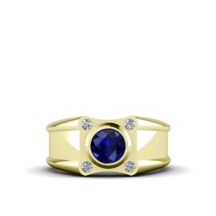 Male Diamond Ring with 1.70ct Blue Sapphire Personalized Solid Gold Wedding Band Ring for Him