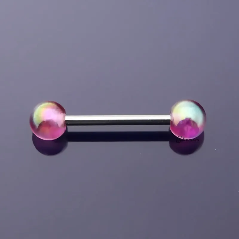 Metallic Aurora Borealis Coating Balls Tongue Barbell - Pink