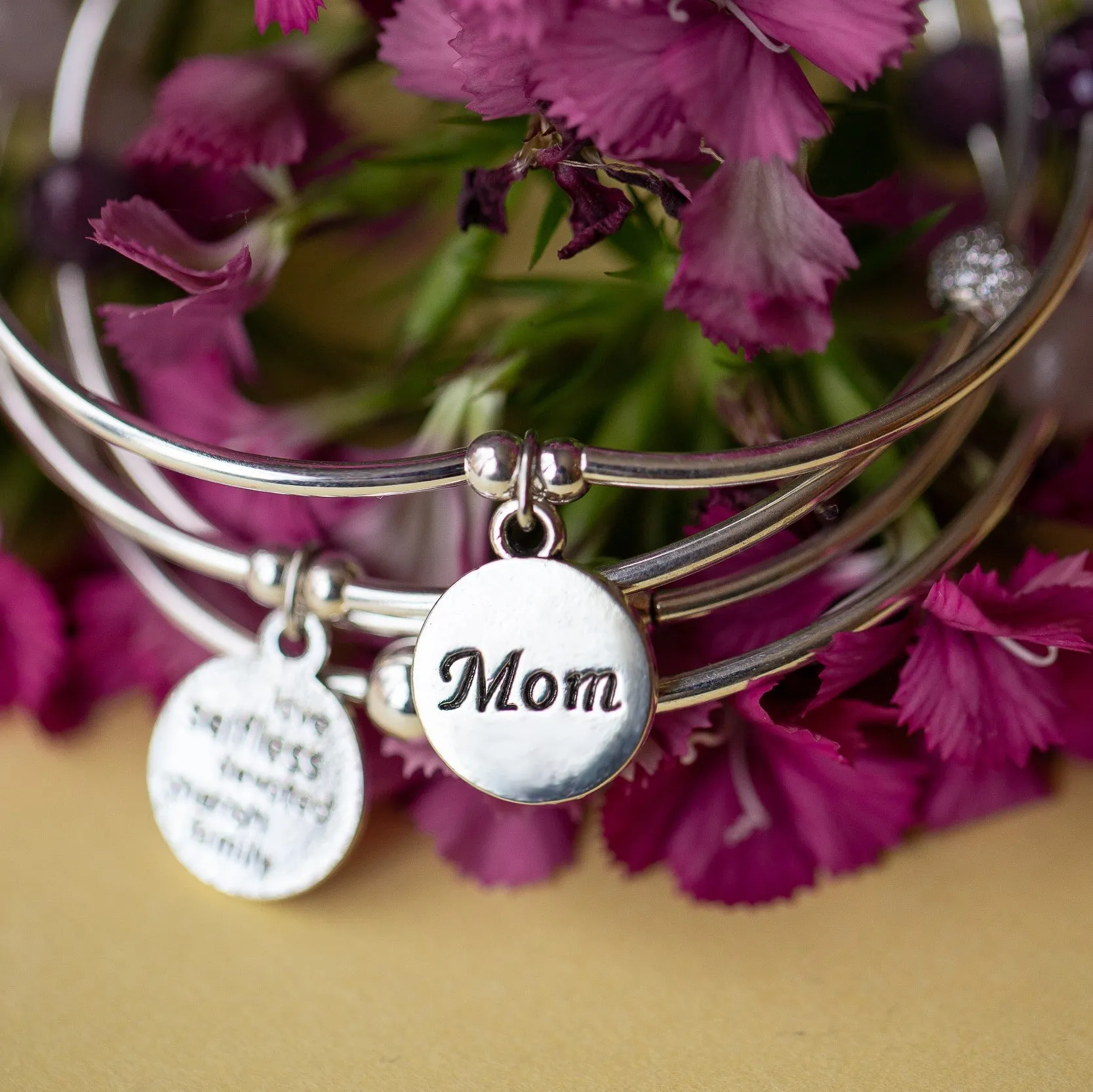 Mom | Soft Bangle Charm Bracelet | Tiffany Blue Agate