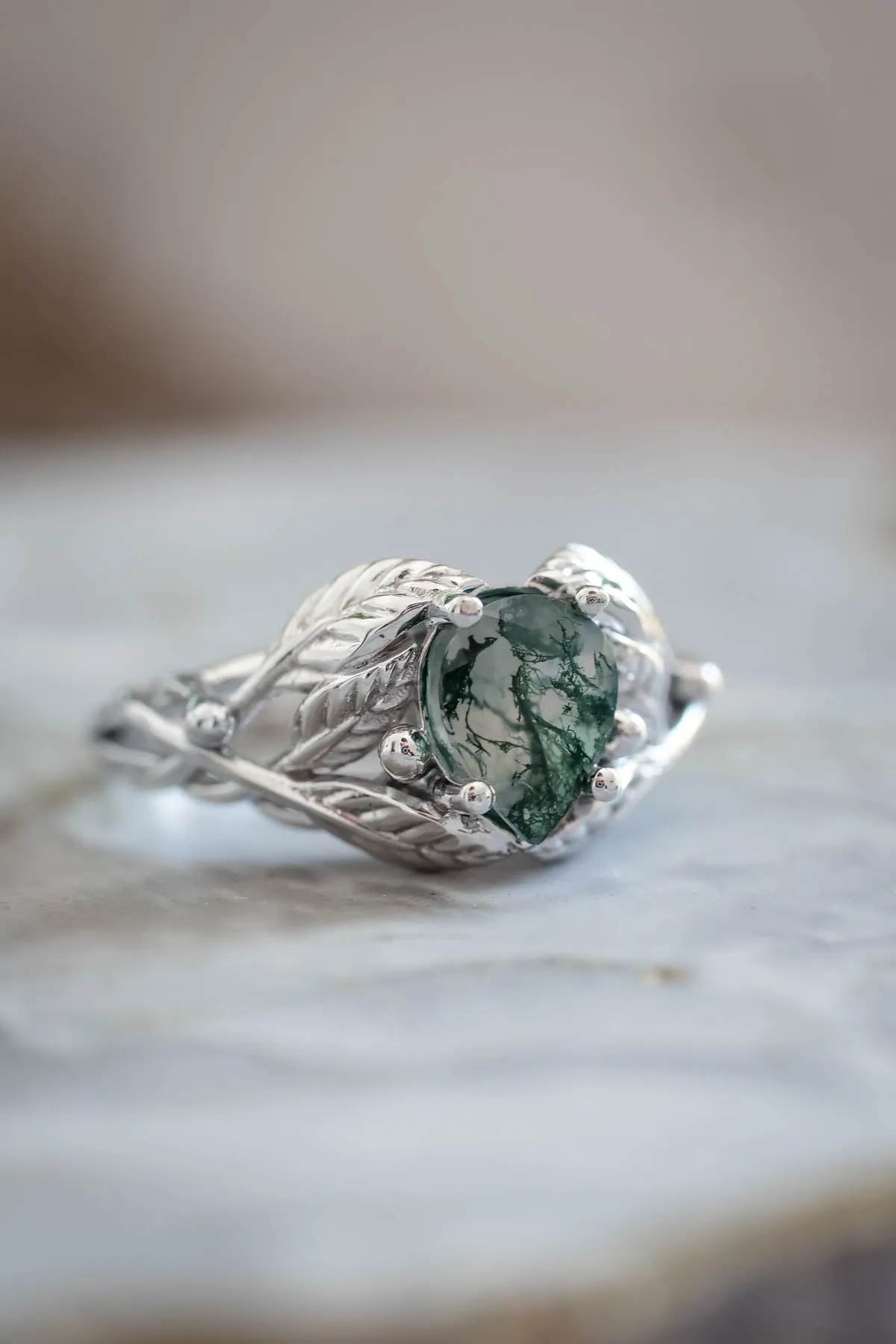 Natural moss agate engagement ring, tree branch ring / Viola