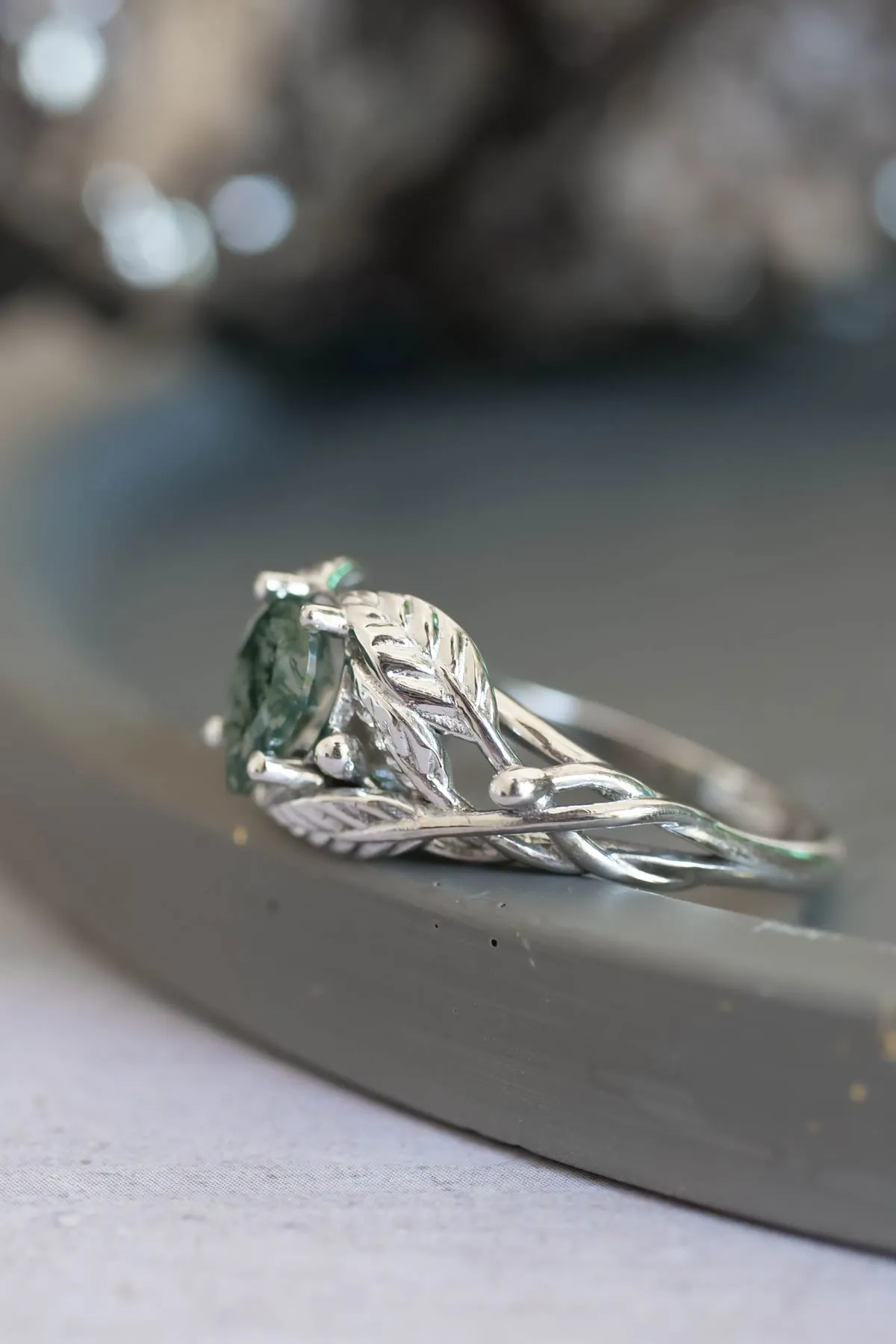 Natural moss agate engagement ring, tree branch ring / Viola