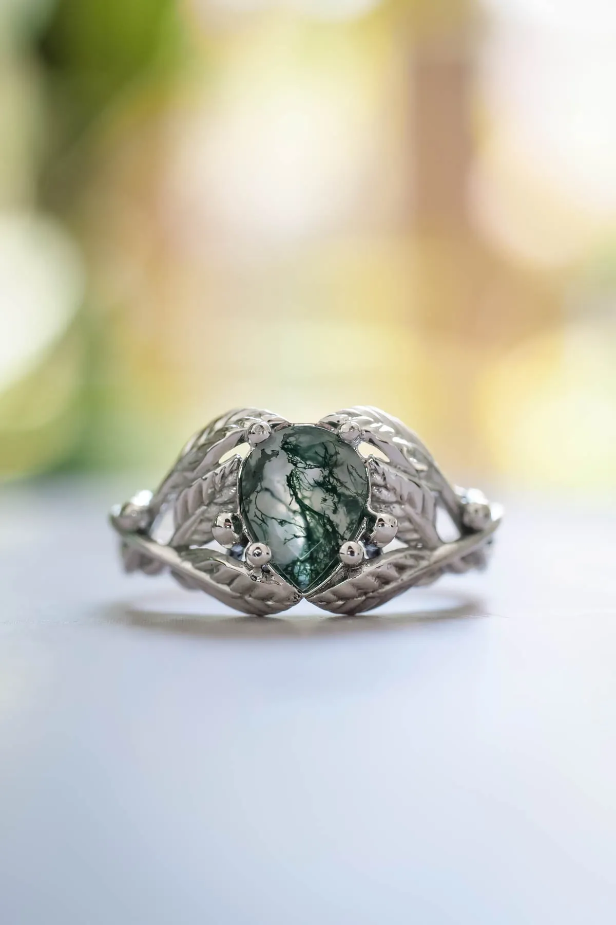 Natural moss agate engagement ring, tree branch ring / Viola