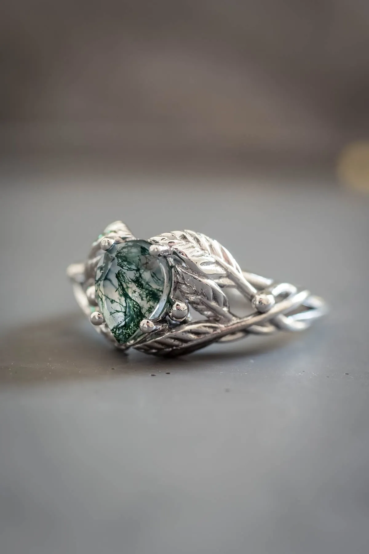 Natural moss agate engagement ring, tree branch ring / Viola