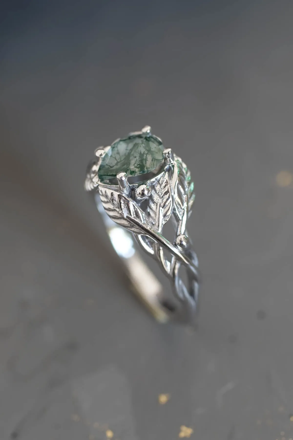 Natural moss agate engagement ring, tree branch ring / Viola