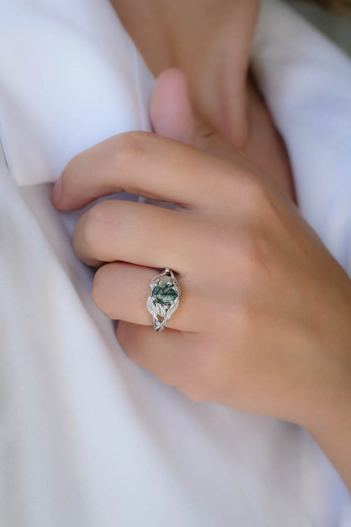 Natural moss agate engagement ring, tree branch ring / Viola