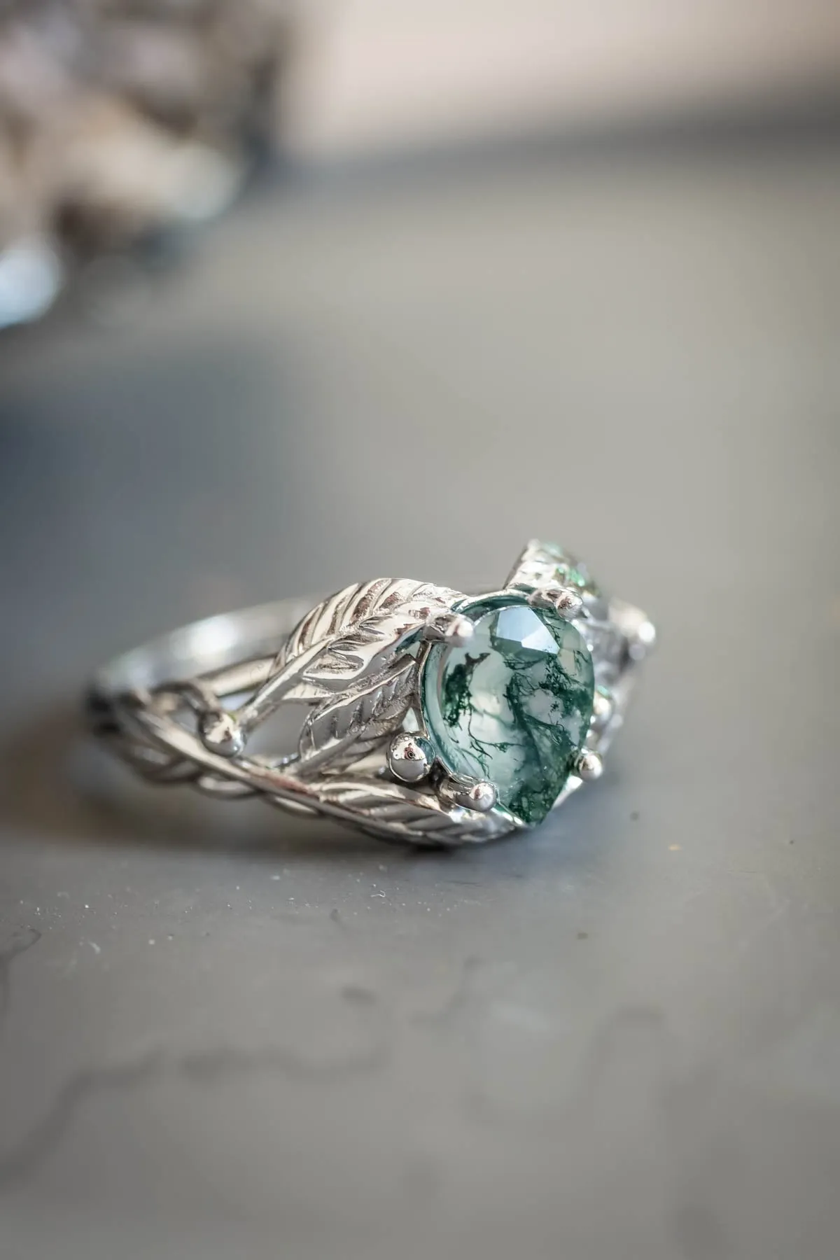 Natural moss agate engagement ring, tree branch ring / Viola