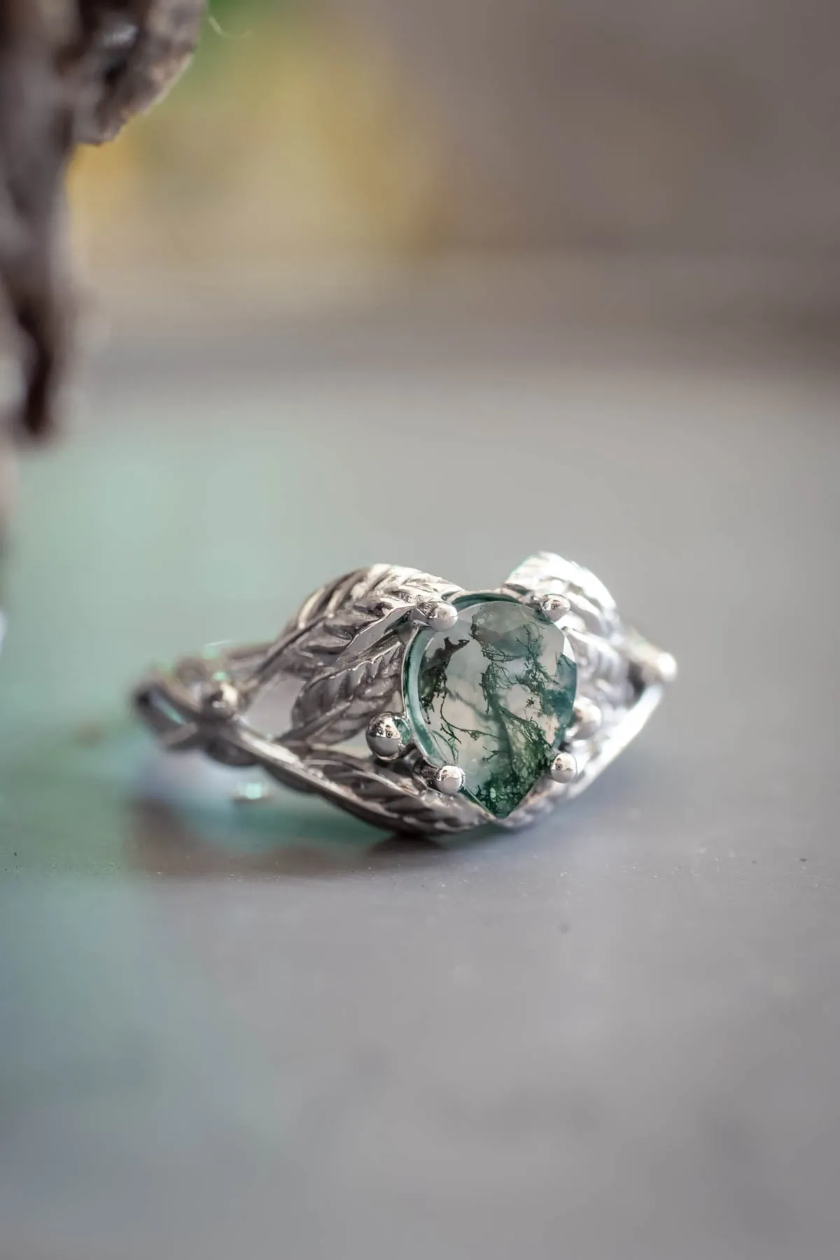 Natural moss agate engagement ring, tree branch ring / Viola