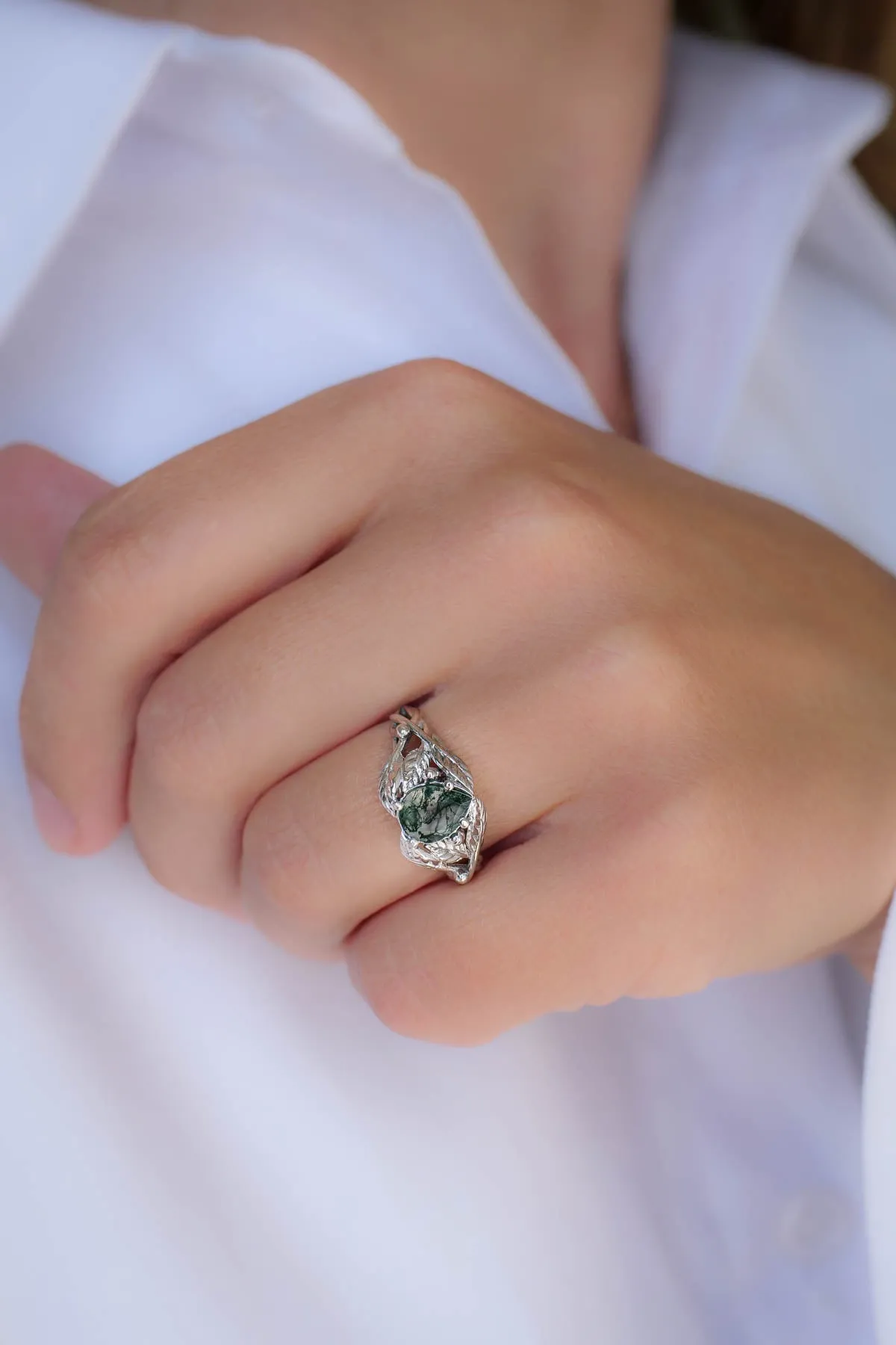 Natural moss agate engagement ring, tree branch ring / Viola