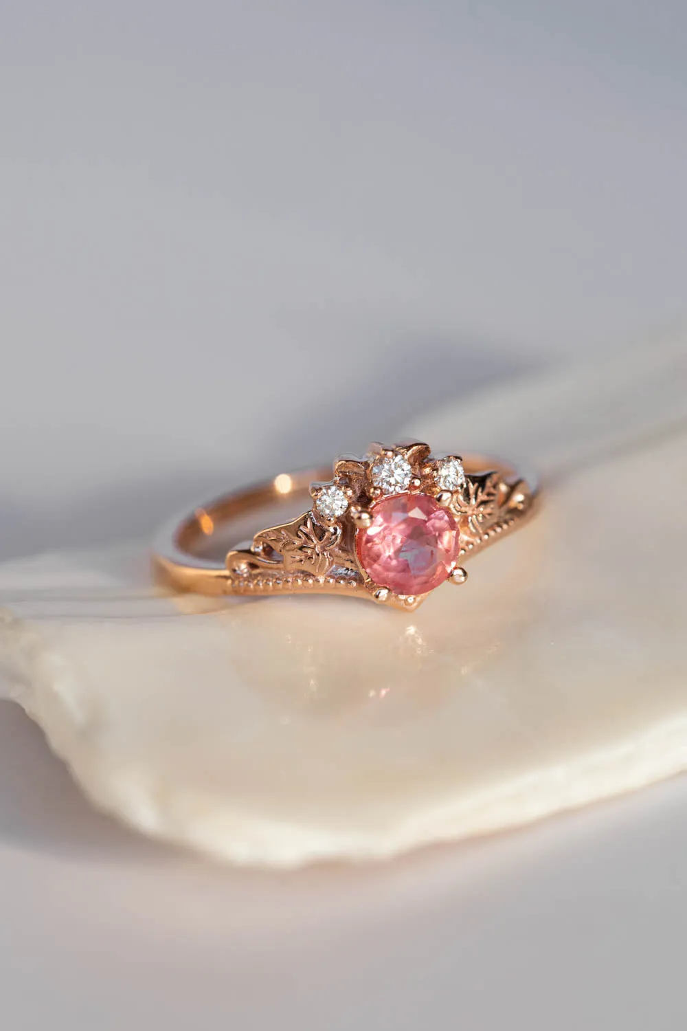 Padparadscha sapphire engagement ring, gold leaves and diamonds proposal ring / Ariadne