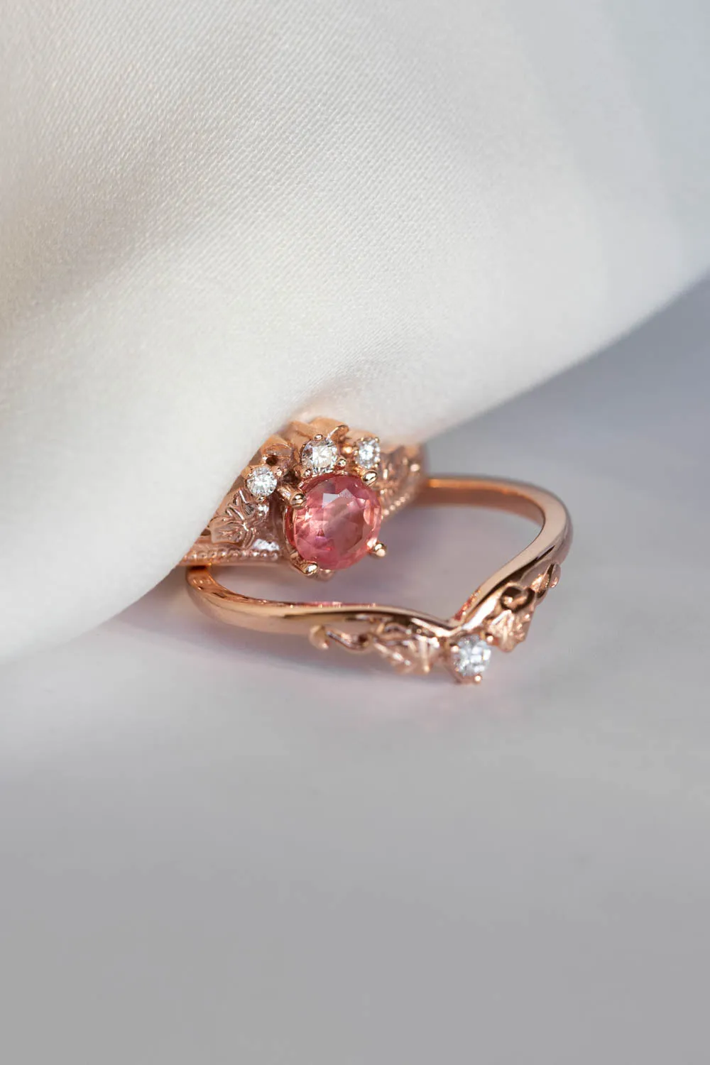 Padparadscha sapphire engagement ring, gold leaves and diamonds proposal ring / Ariadne