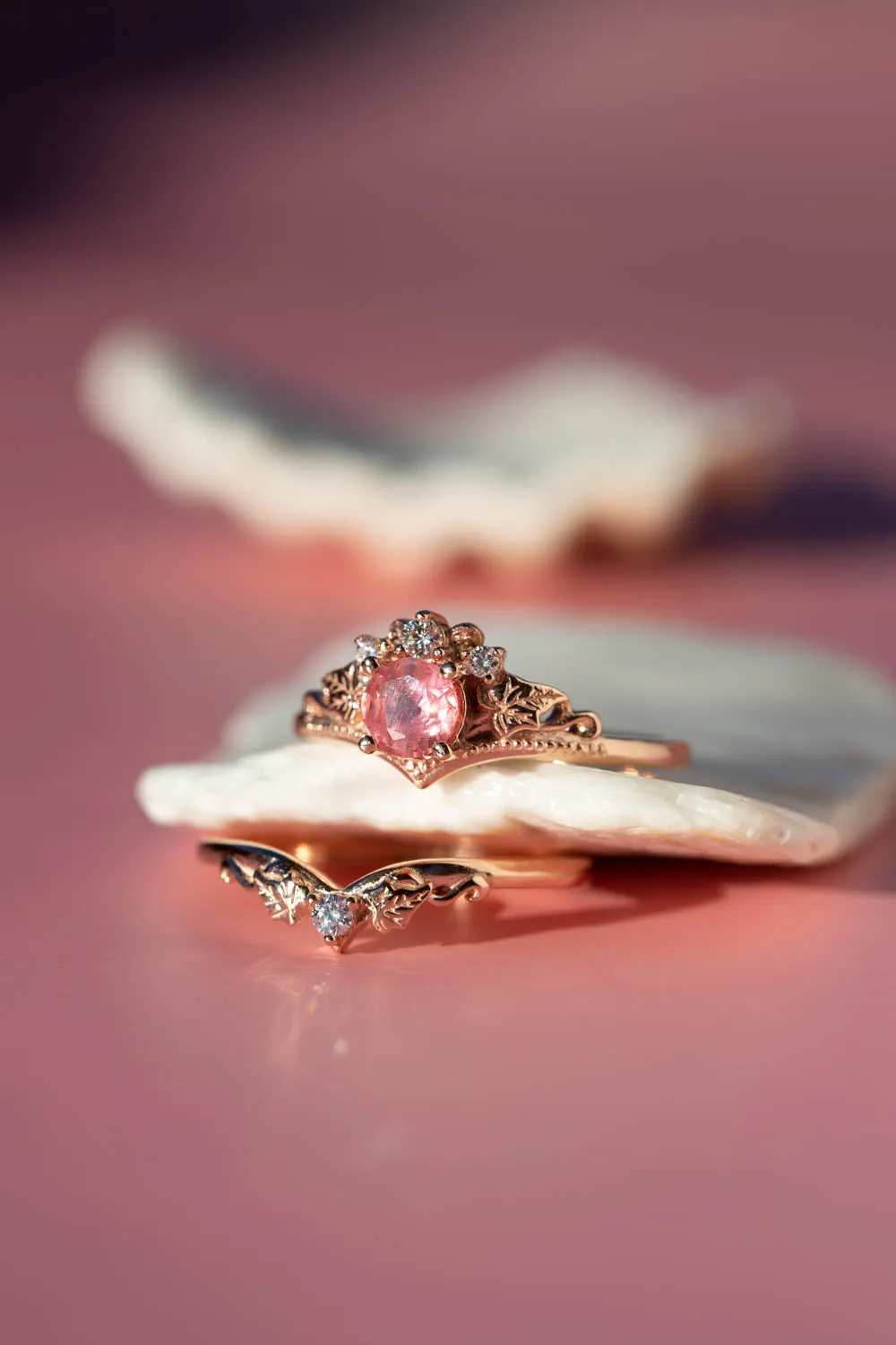 Padparadscha sapphire engagement ring, gold leaves and diamonds proposal ring / Ariadne